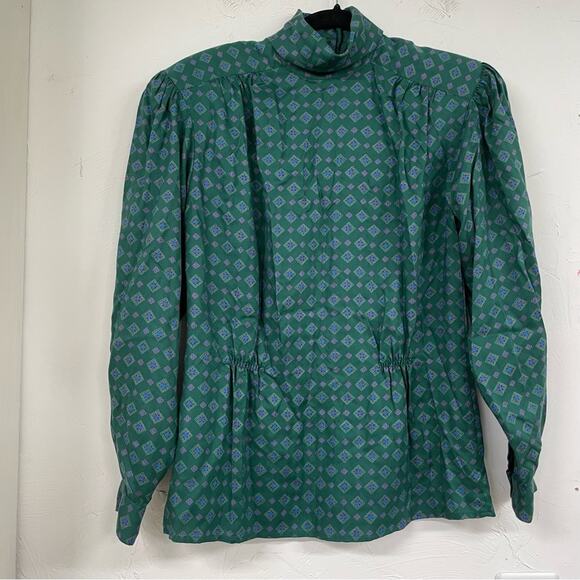 Vintage Tops - Vintage Evan Picone Green Geometric Print Long Sleeve Blouse Womens 12 1980s